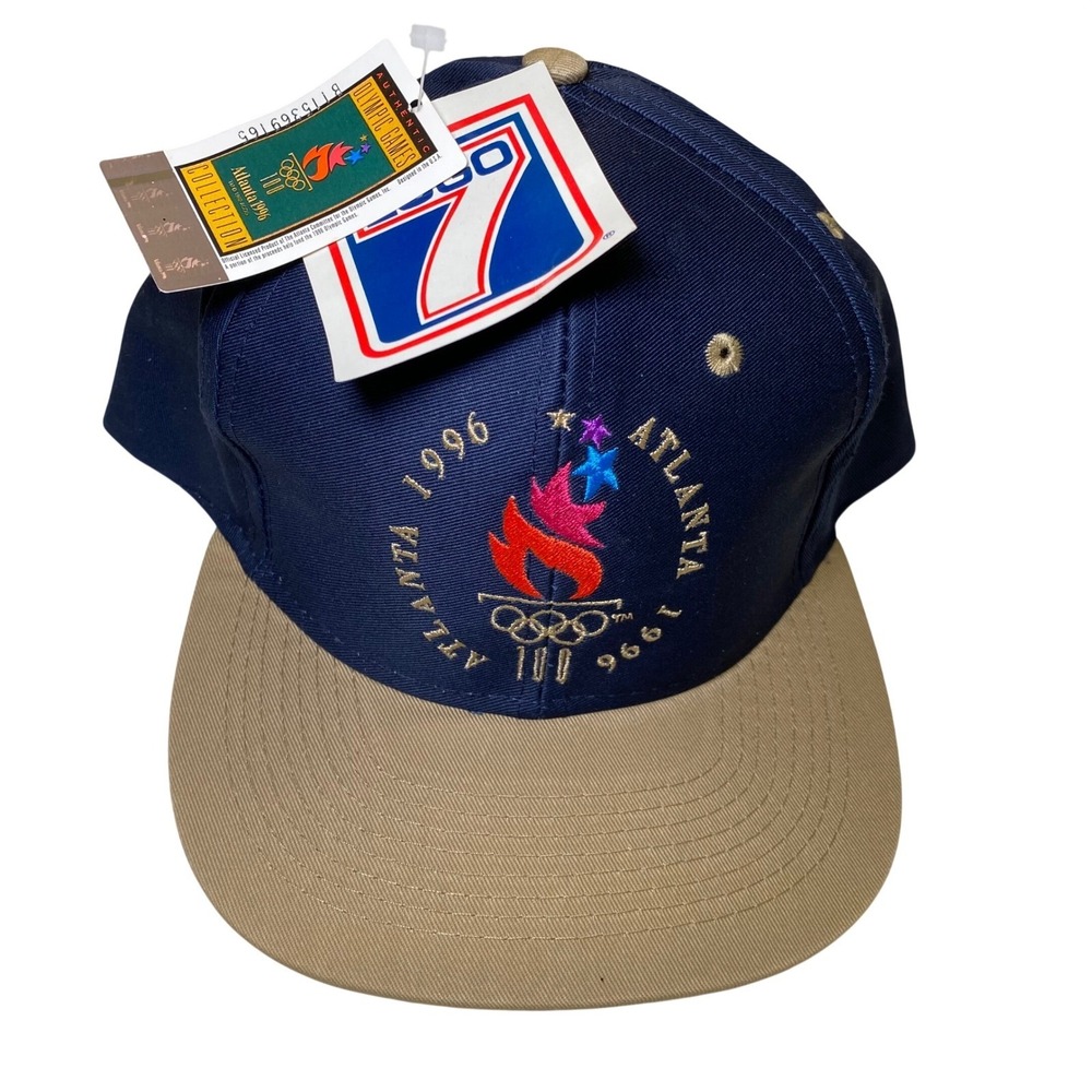 Vintage Logo 7 Atlanta 1996 Olympic Games Snapback Hat Navy Blue Tan NWT